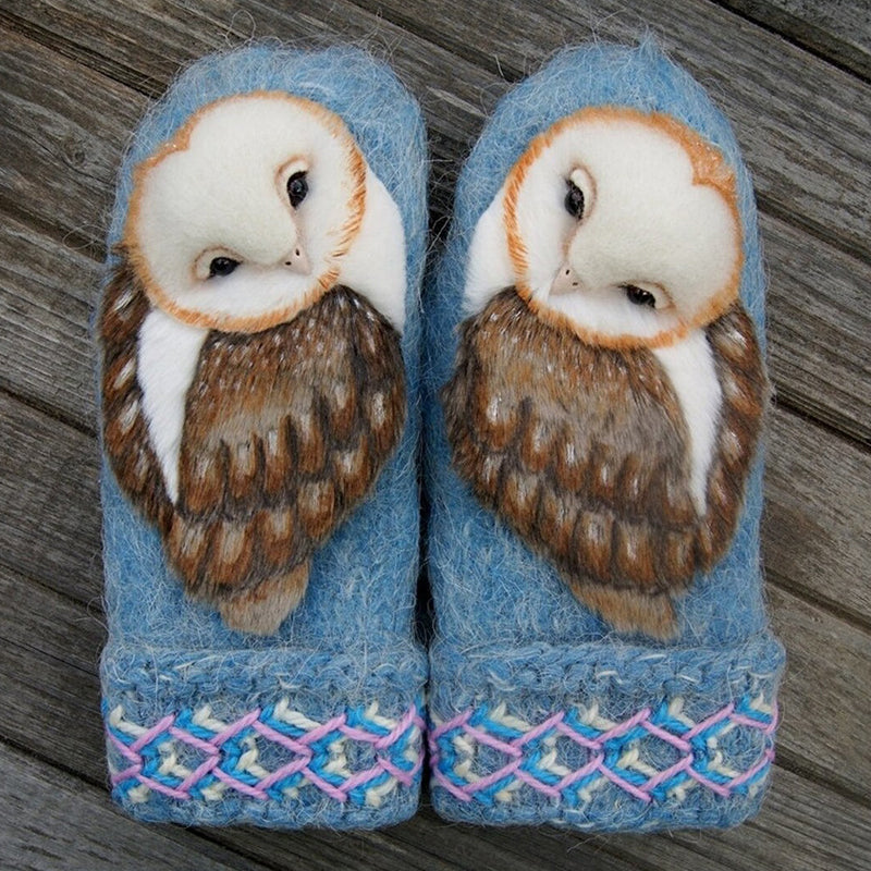 Hand Knitted Wool Nordic Mittens With Owls